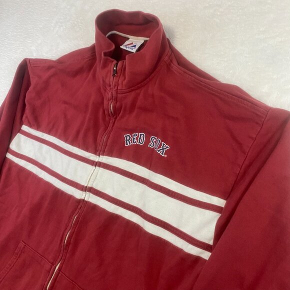 Majestic Baseball Boston Red Sox Striped Sweater Red Full Zip Up 2XL 100% Cotton - Picture 2 of 12